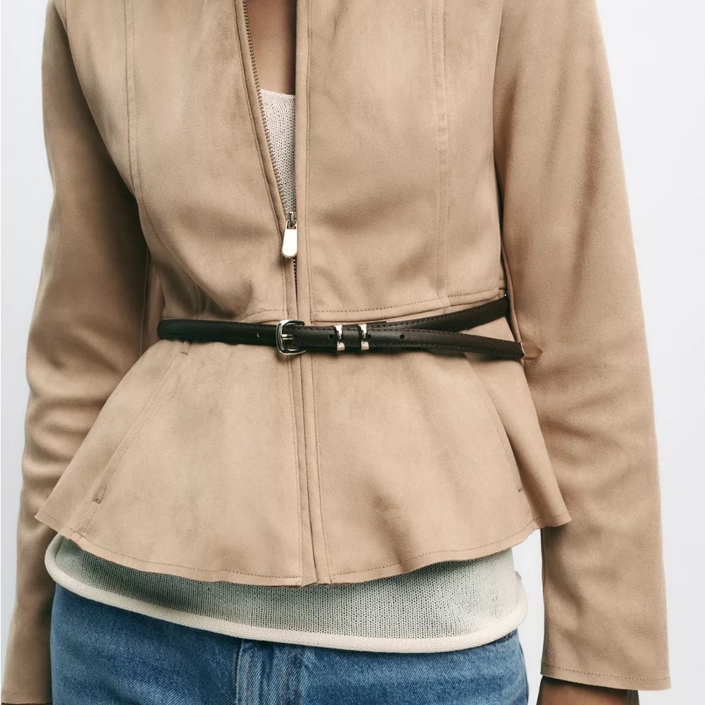 Zara faux suede belted peplum jacket in taupe brown-xd